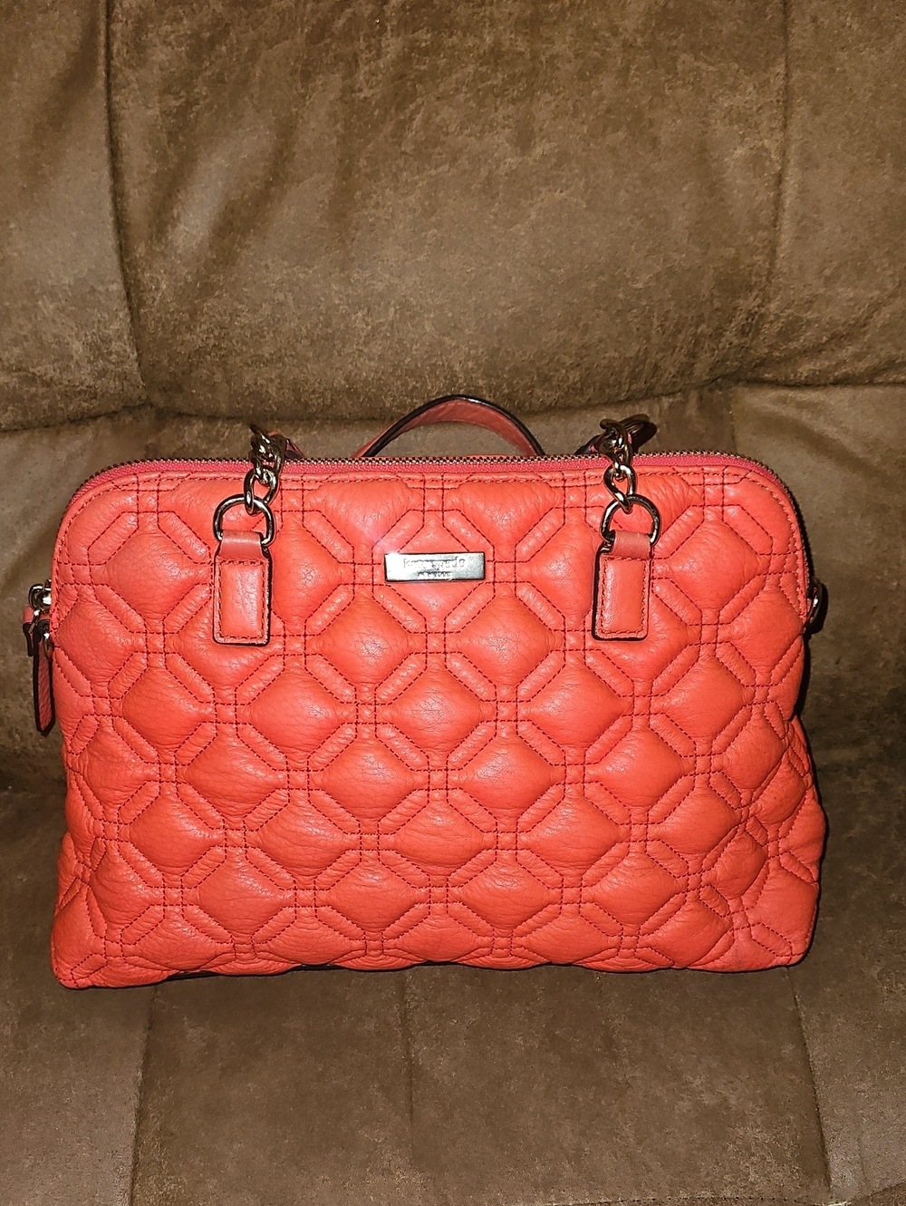 Kate Spade Quilted Coral Leather Satchel Tote